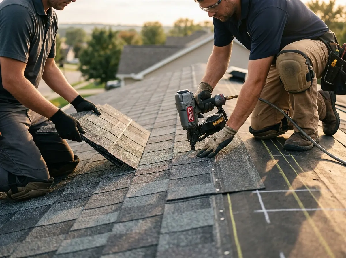 Professional roofer working on a residential roof in Powell